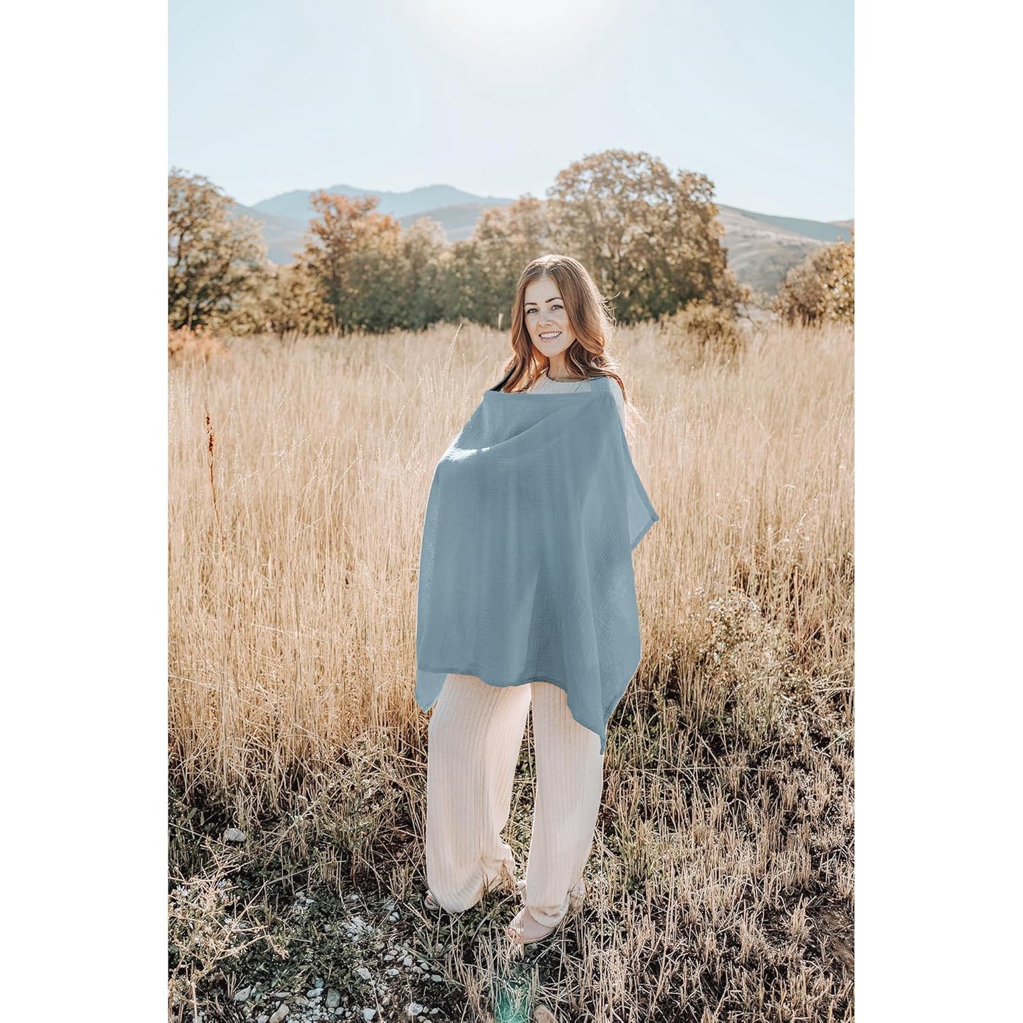 Blue X With Love muslin nursing cover with rigid hoop, breathable 100% cotton breastfeeding apron and multi-use carseat canopy.