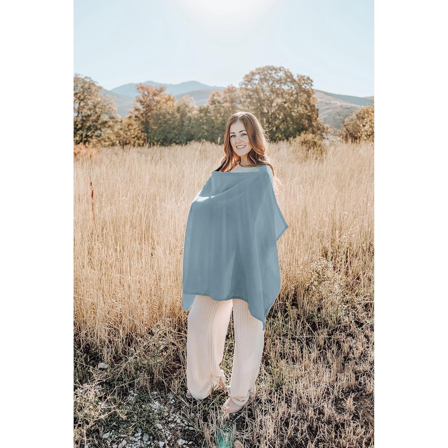 Blue X With Love muslin nursing cover with rigid hoop, breathable 100% cotton breastfeeding apron and multi-use carseat canopy.