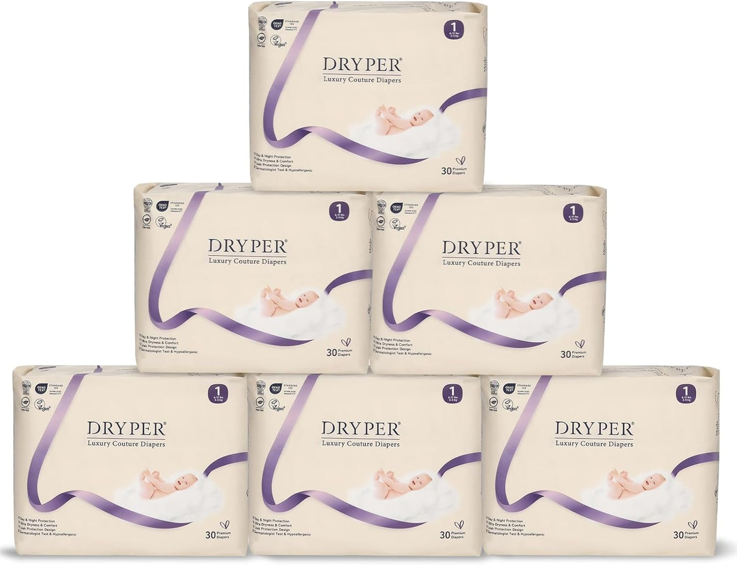 Disposable newborn baby diapers by X With Love, size 1, with 3D leak guards and wetness indicator, 180 ultra-soft, thin nappies.