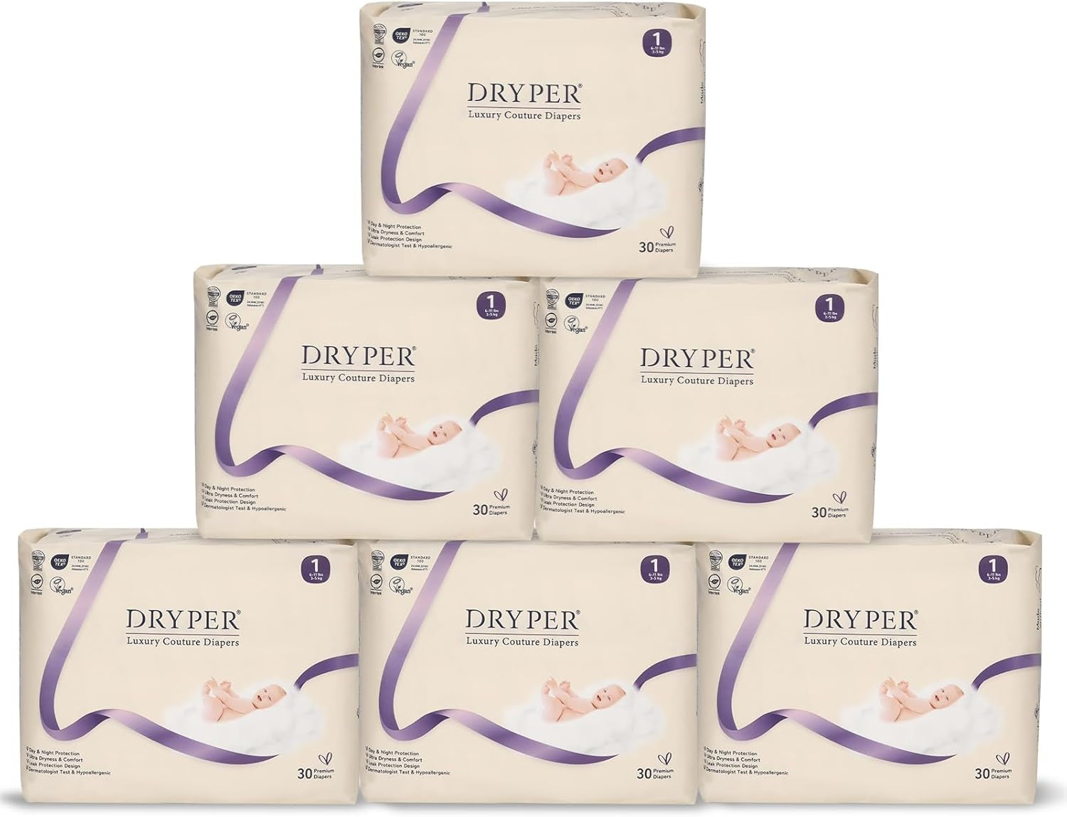 Disposable newborn baby diapers by X With Love, size 1, with 3D leak guards and wetness indicator, 180 ultra-soft, thin nappies.