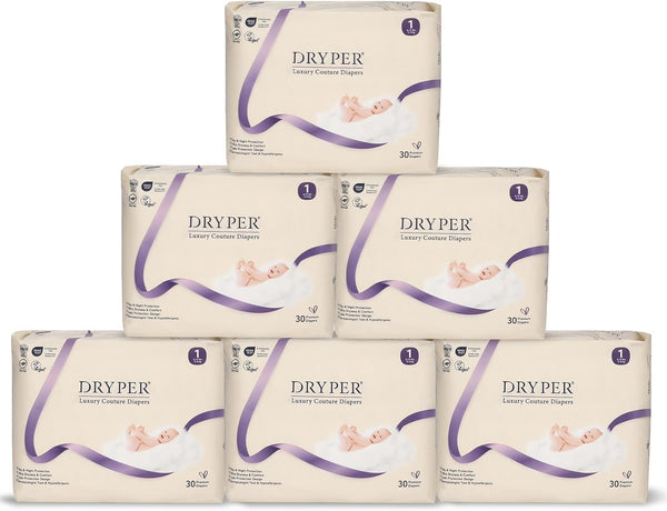Disposable newborn baby diapers by X With Love, size 1, with 3D leak guards and wetness indicator, 180 ultra-soft, thin nappies.