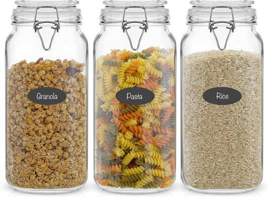 Set of three airtight glass jars with lids and silicone seals, large 78oz square glass food storage containers for pantry storage.
