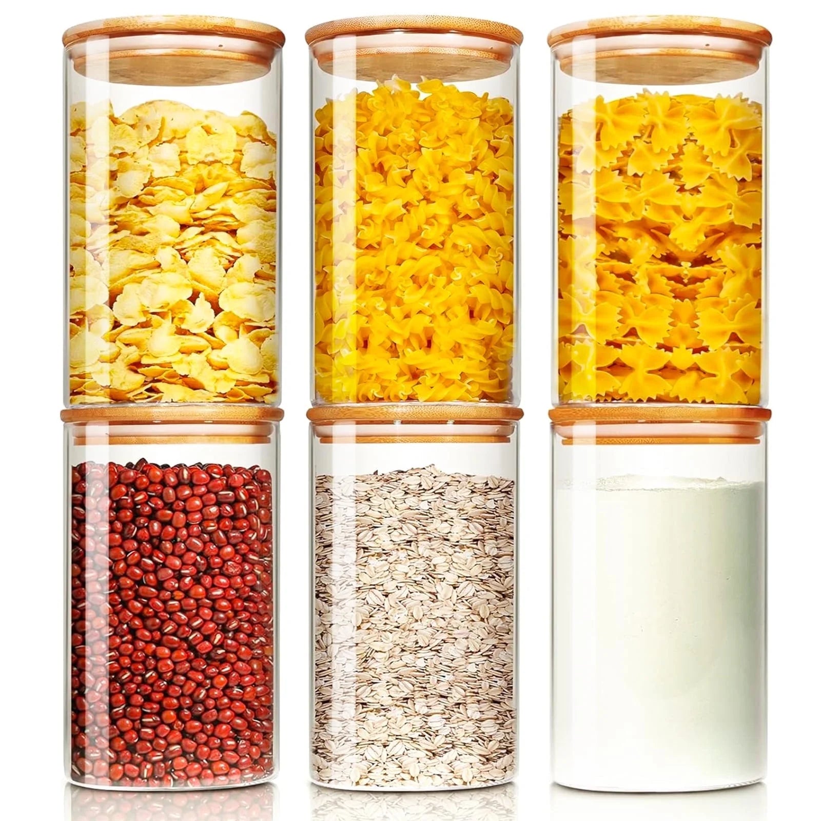 Six 25oz glass jars with bamboo lids for food storage, perfect for coffee, sugar, flour, and pantry organization.