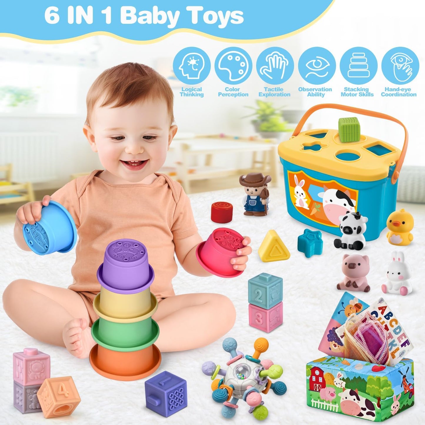 X With Love 6-in-1 baby Montessori toy set with stacking cups, shape sorter, teething toy, finger puppets, and tissue box for infants