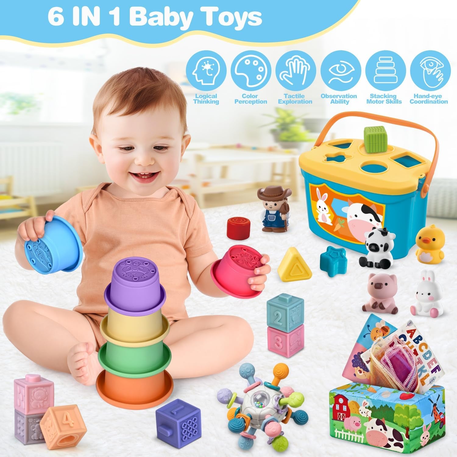 X With Love 6-in-1 baby Montessori toy set with stacking cups, shape sorter, teething toy, finger puppets, and tissue box for infants