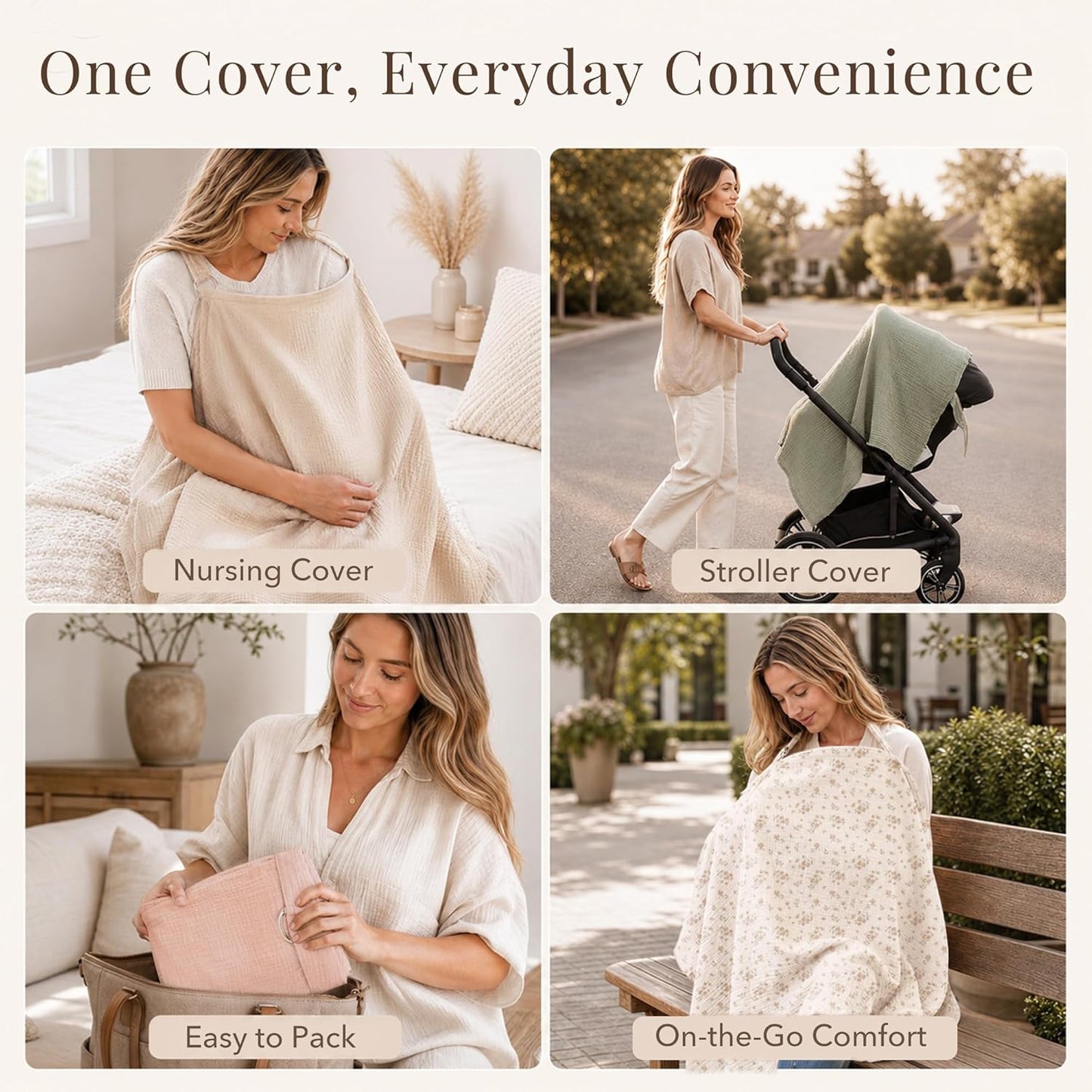 Breathable summer wheat muslin nursing cover by X With Love with rigid hoop for easy breastfeeding, versatile carseat canopy.