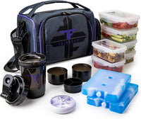 Purple insulated meal prep lunch box with 6 portion control containers, shaker cup, pill organizer, shoulder strap, and side pocket.