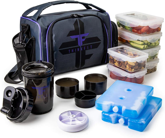 Purple insulated meal prep lunch box with 6 portion control containers, shaker cup, pill organizer, shoulder strap, and side pocket.