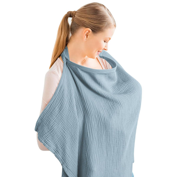 Blue muslin nursing cover with rigid hoop, breathable 100% cotton breastfeeding apron and carseat canopy for mothers and babies.
