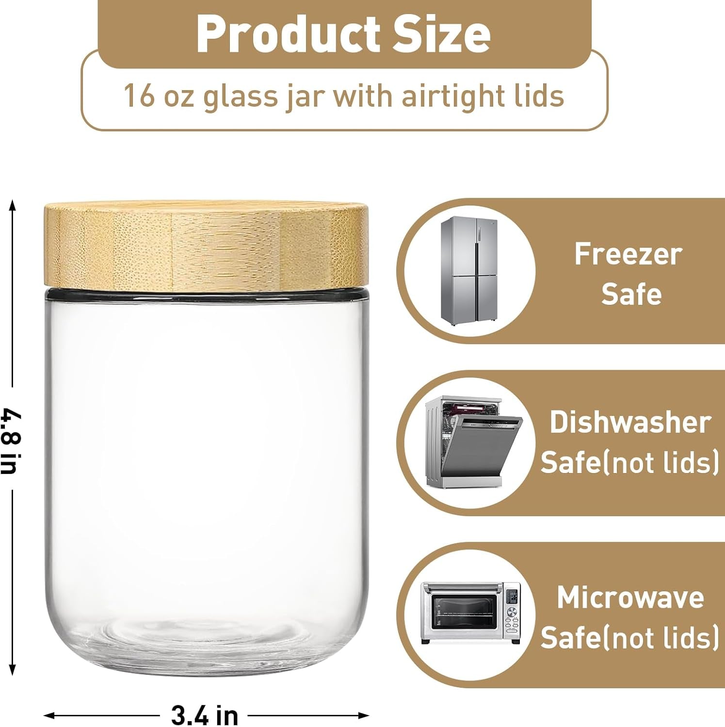 Set of four 16oz glass overnight oats jars with bamboo lids, wide mouth, includes spoons for meal prep and food storage.