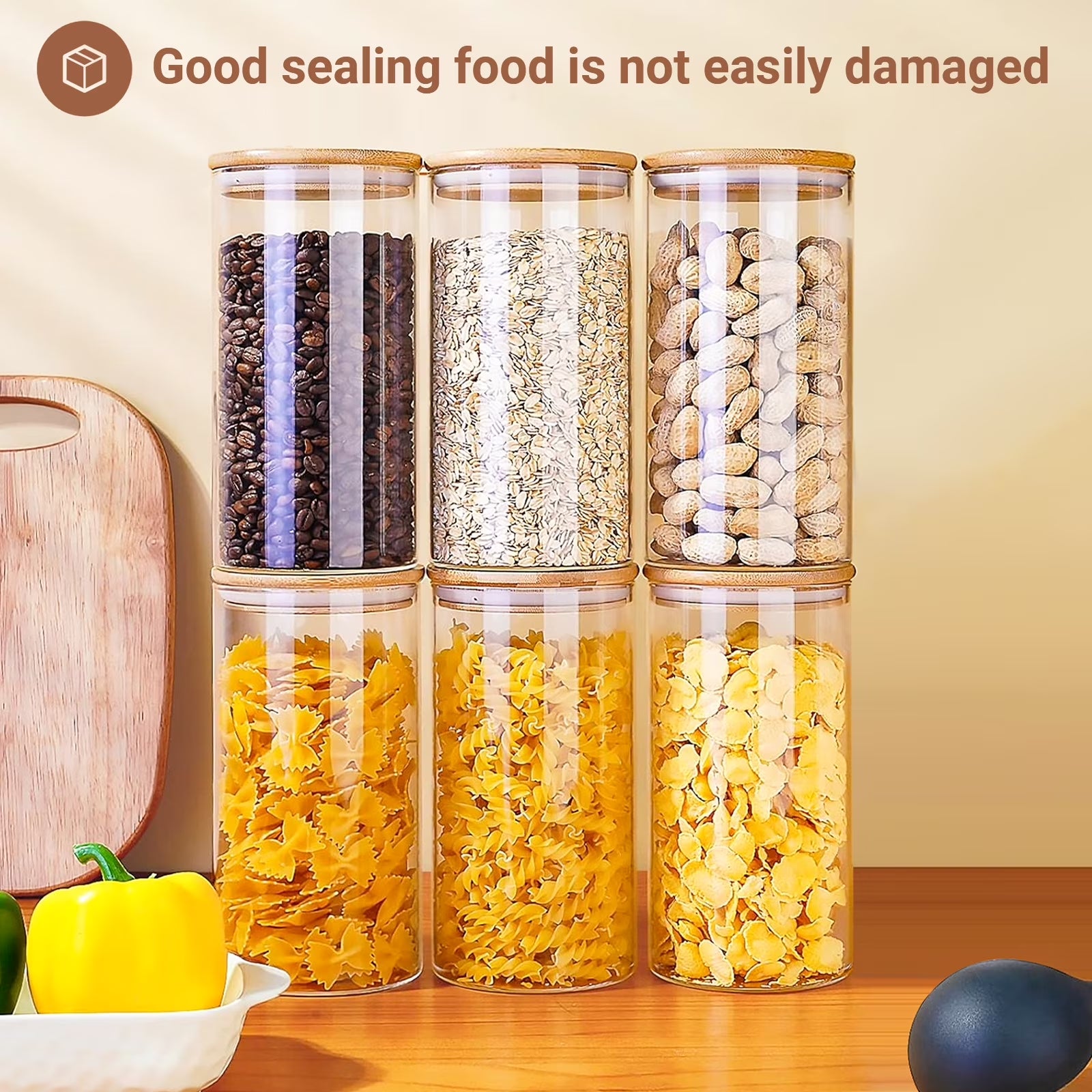 Six 25oz glass jars with bamboo lids for food storage, including coffee, sugar, flour, candy, pasta, and spices.