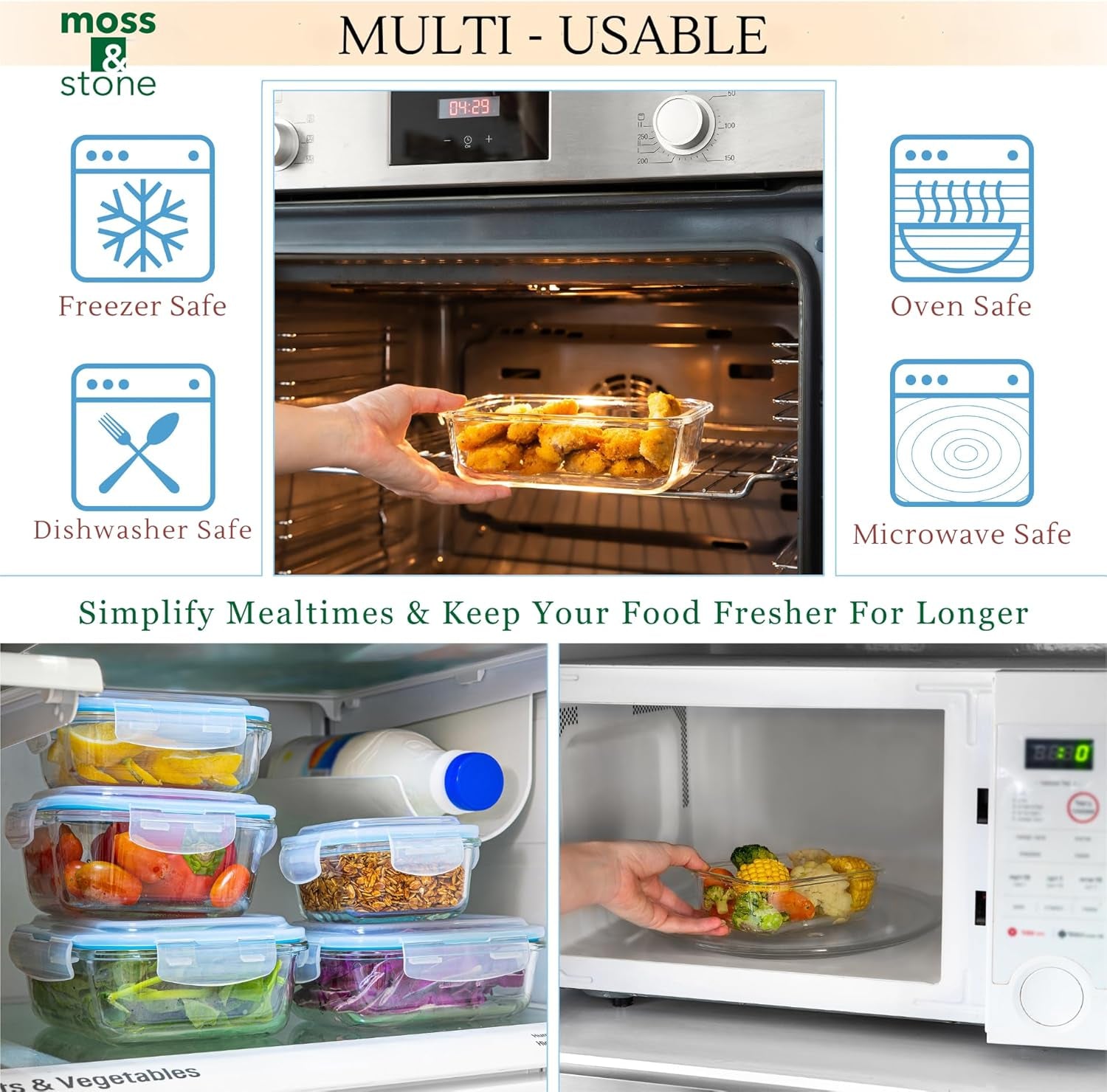 Set of 10 borosilicate glass meal prep containers with leak-proof snap-lock lids, microwave, freezer, and oven safe, stackable design.