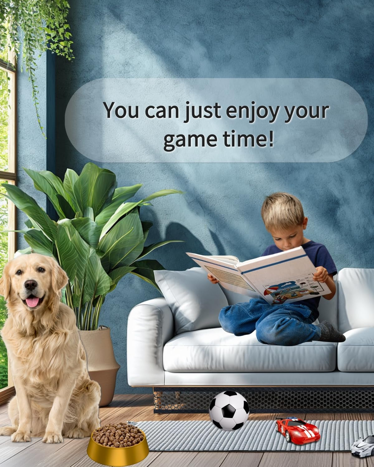 Black under couch blocker for kids and pets, 39.4 x 5.9 inches with zip ties to prevent toys falling under furniture.
