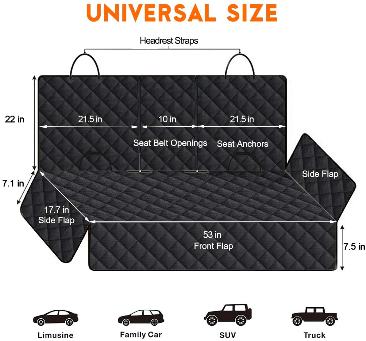Black dog car seat cover on back seat, waterproof pet car seat protector with non-slip surface fitting most cars, SUVs, and trucks.