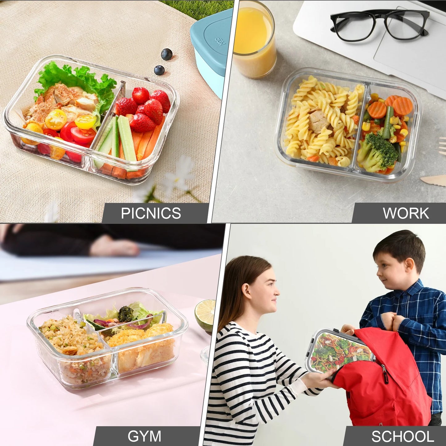 Set of three grey glass food storage containers with lids, 2-3 compartments, leak-proof, oven and freezer safe, from X With Love.