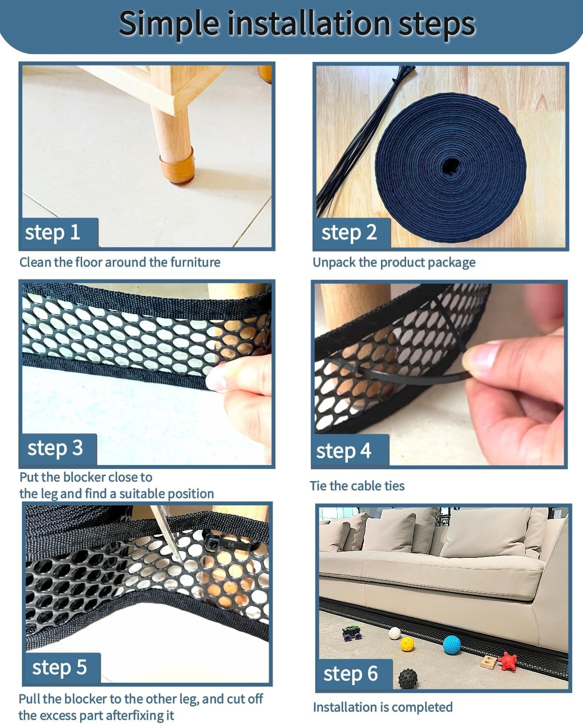 Black under couch and bed gap blocker for kids and pets, with 10 zip ties, preventing toys from falling under furniture.
