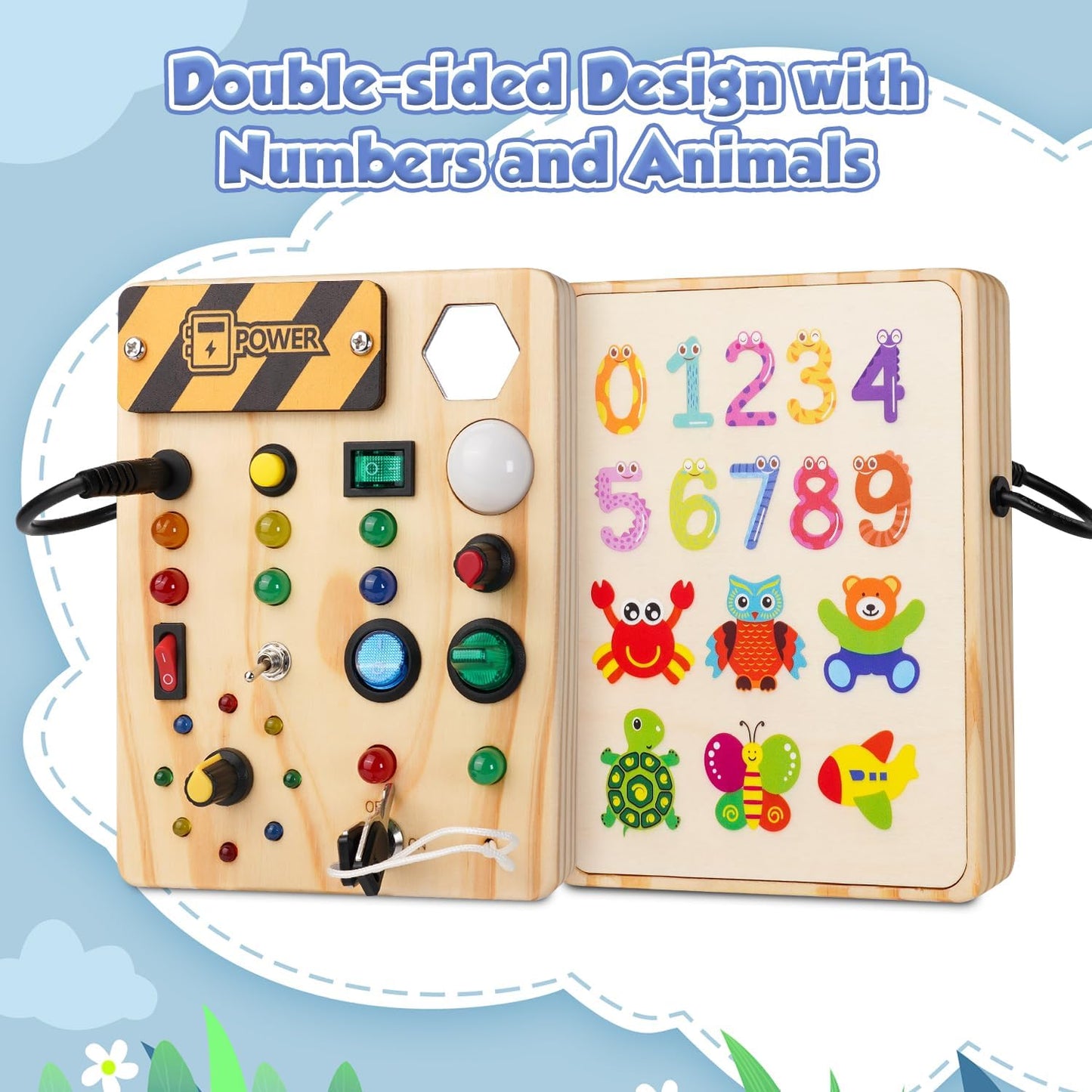 Wooden Montessori busy board toy with LED light switch for toddlers, educational sensory toy for 1-3 year old boys and girls.