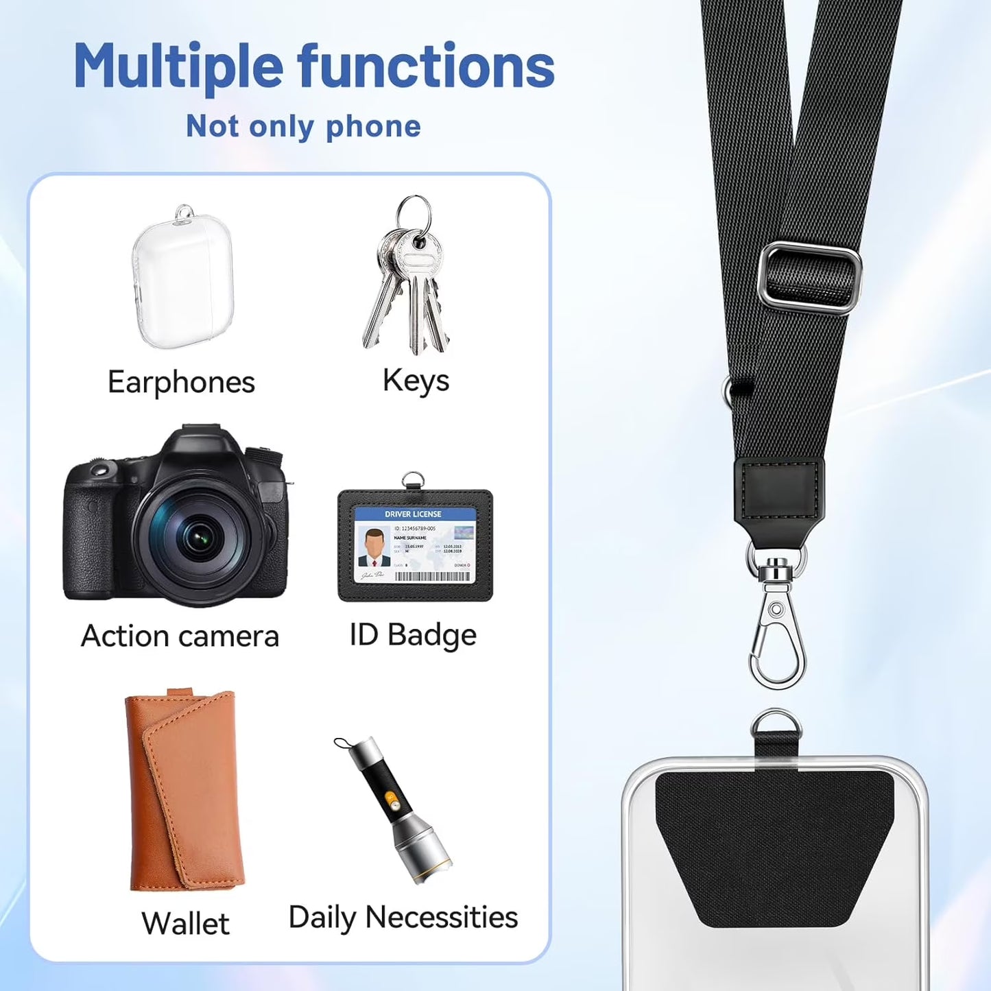 Three black, gray, and pink X With Love phone lanyards with adjustable straps and clips for smartphones, keys, and ID badges.