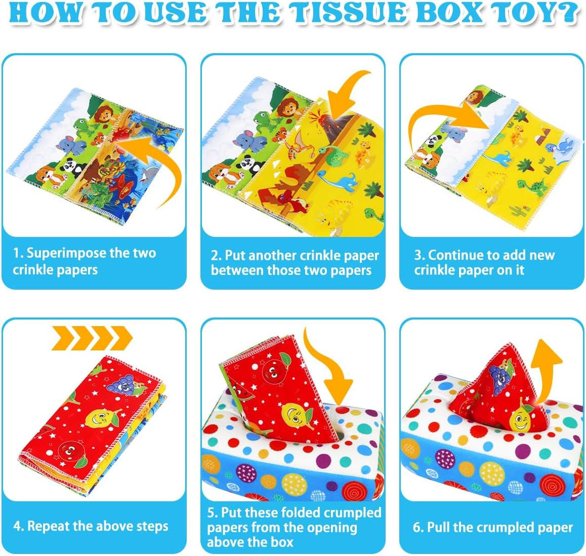 Soft crinkle baby tissue box toy from X With Love, designed for infants 6-12 months with sensory and early learning features.