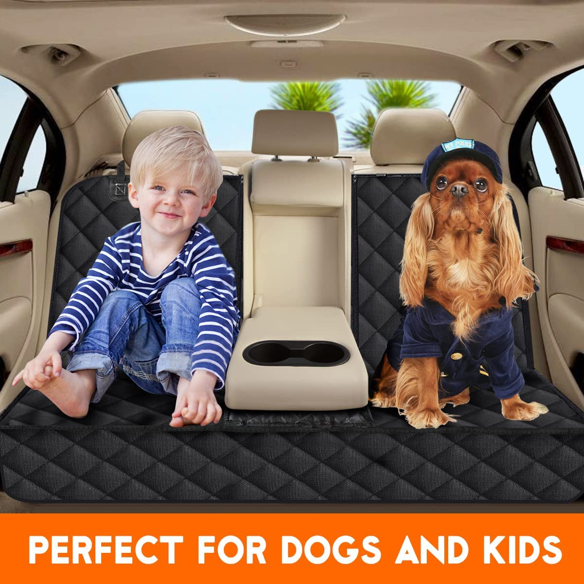 Black dog car seat cover showing waterproof fabric, non-slip backing, and fits the back seat of cars, SUVs, and trucks.