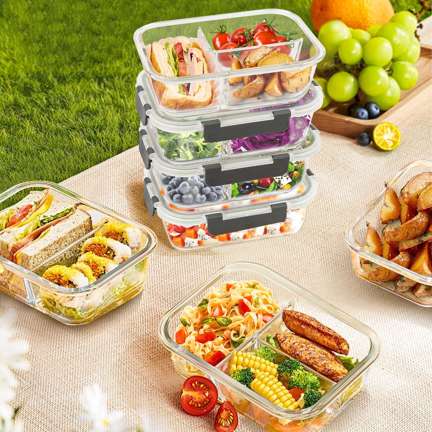 Set of 8 X With Love glass food storage containers with lids, 2 & 3 compartments, oven and freezer safe, leak-proof, in grey color.