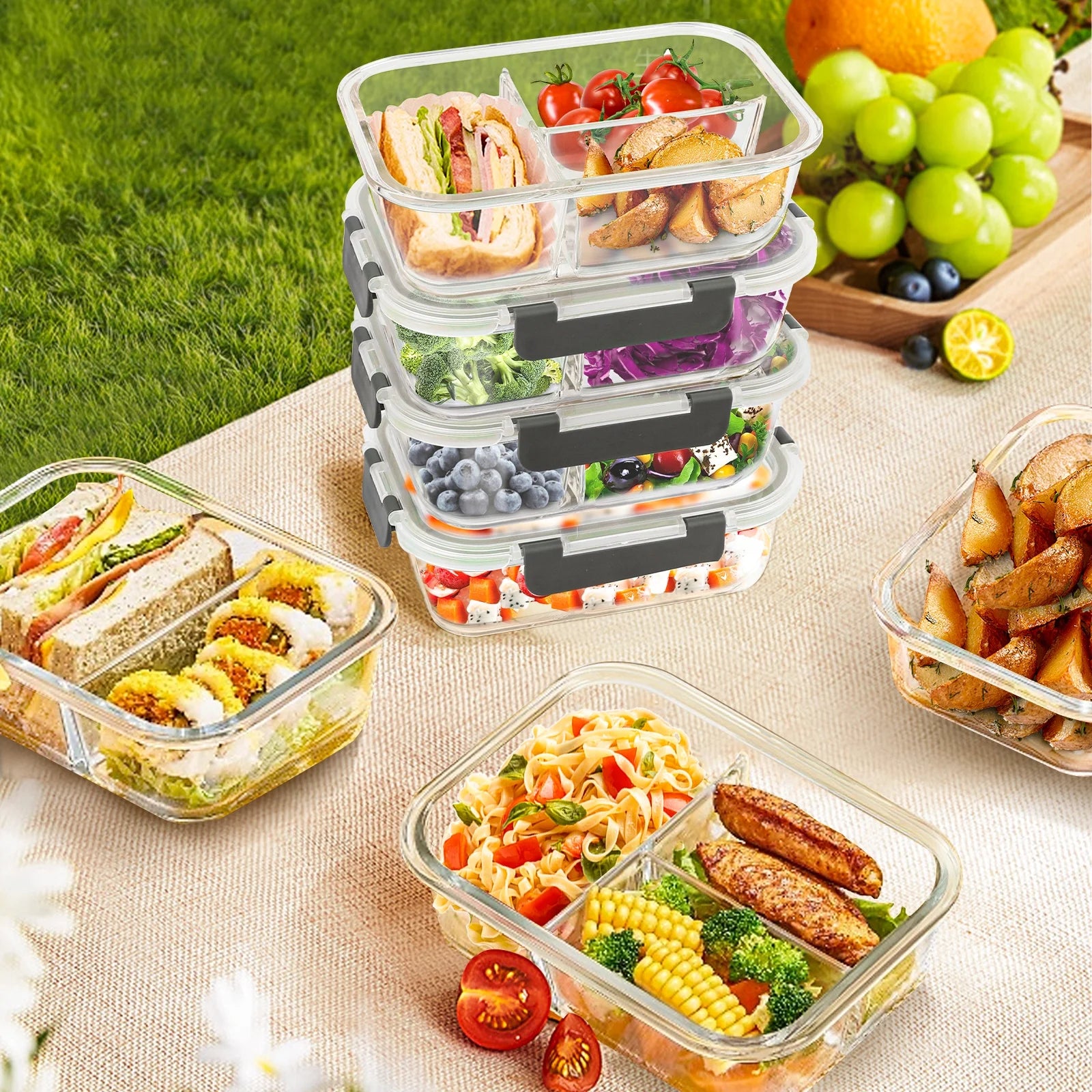 Set of 8 X With Love glass food storage containers with lids, 2 & 3 compartments, oven and freezer safe, leak-proof, in grey color.