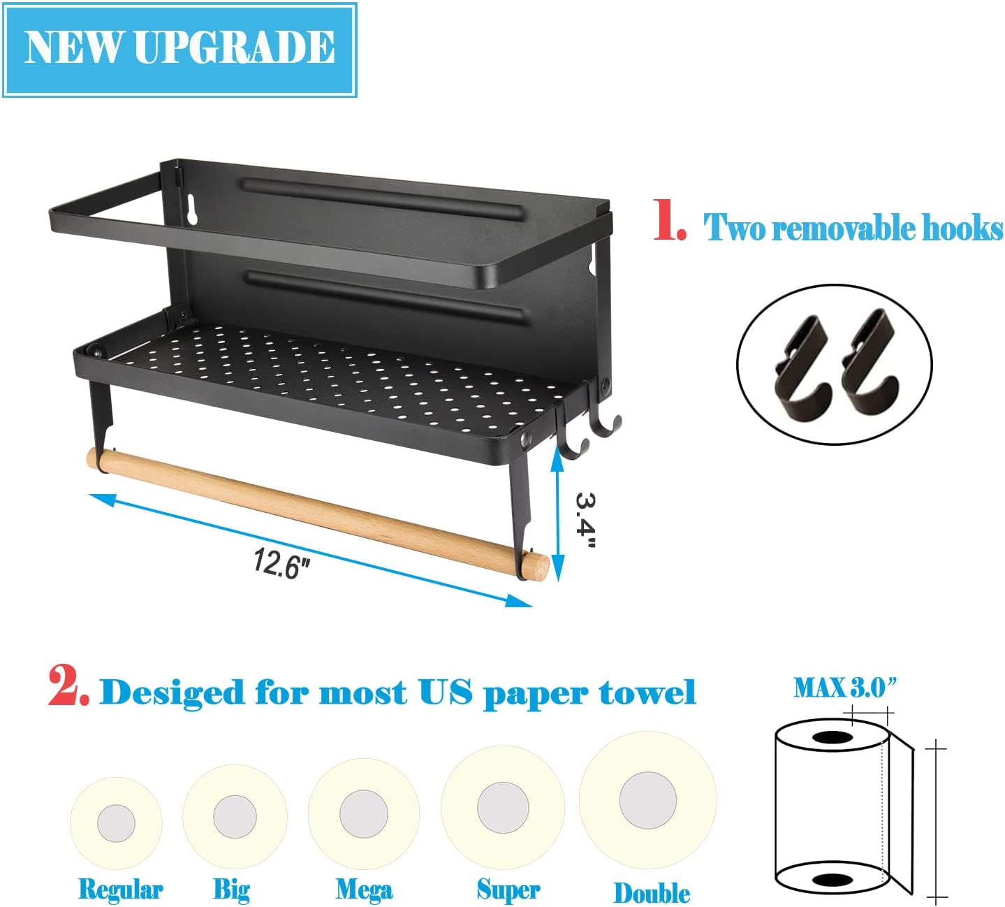 Black magnetic paper towel holder with hooks, wall mount spice rack for refrigerator, 2-in-1 magnetic kitchen storage solution
