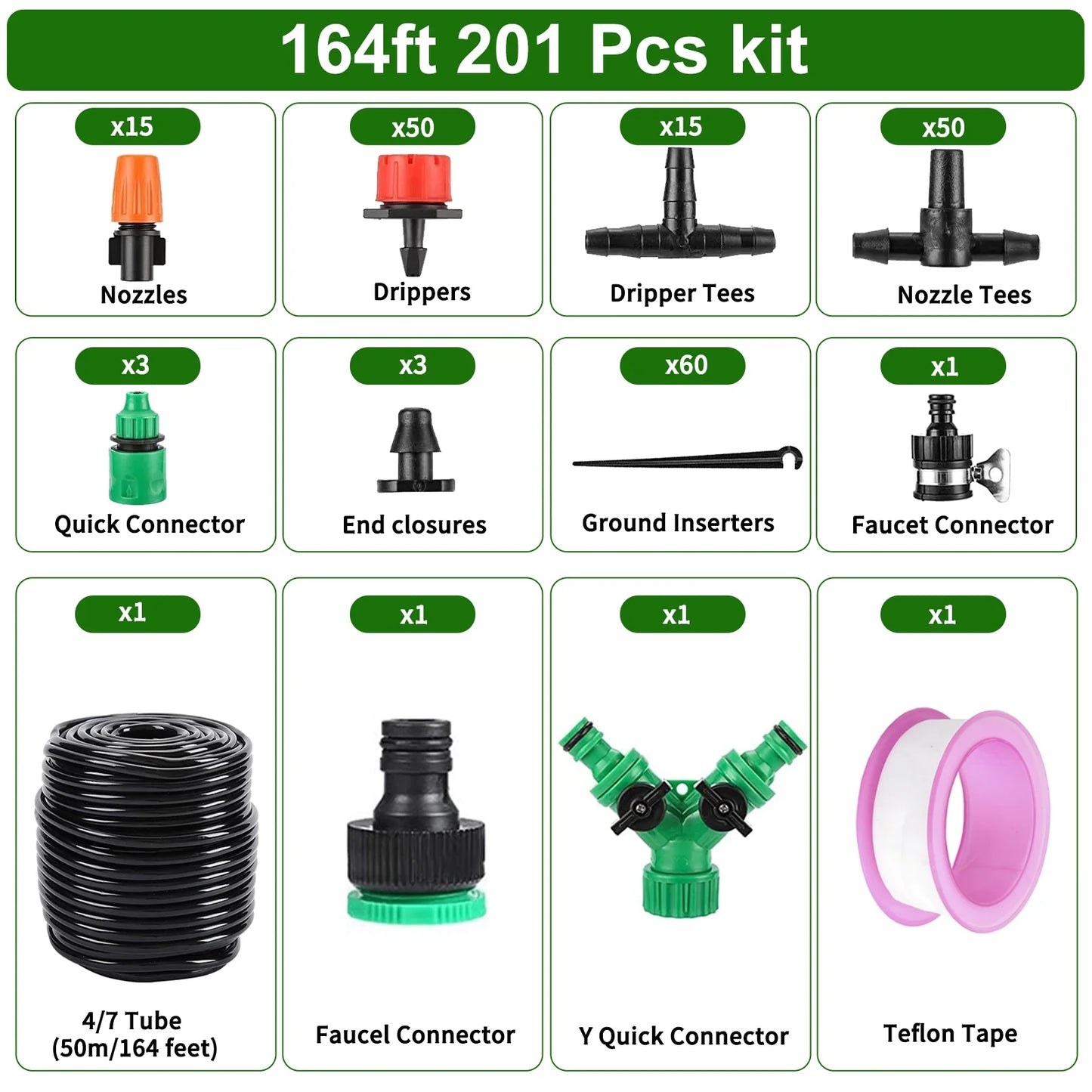 Drip irrigation system kit with 164ft tubing, 201 pieces, suitable for garden, greenhouse, patio, and lawn watering.