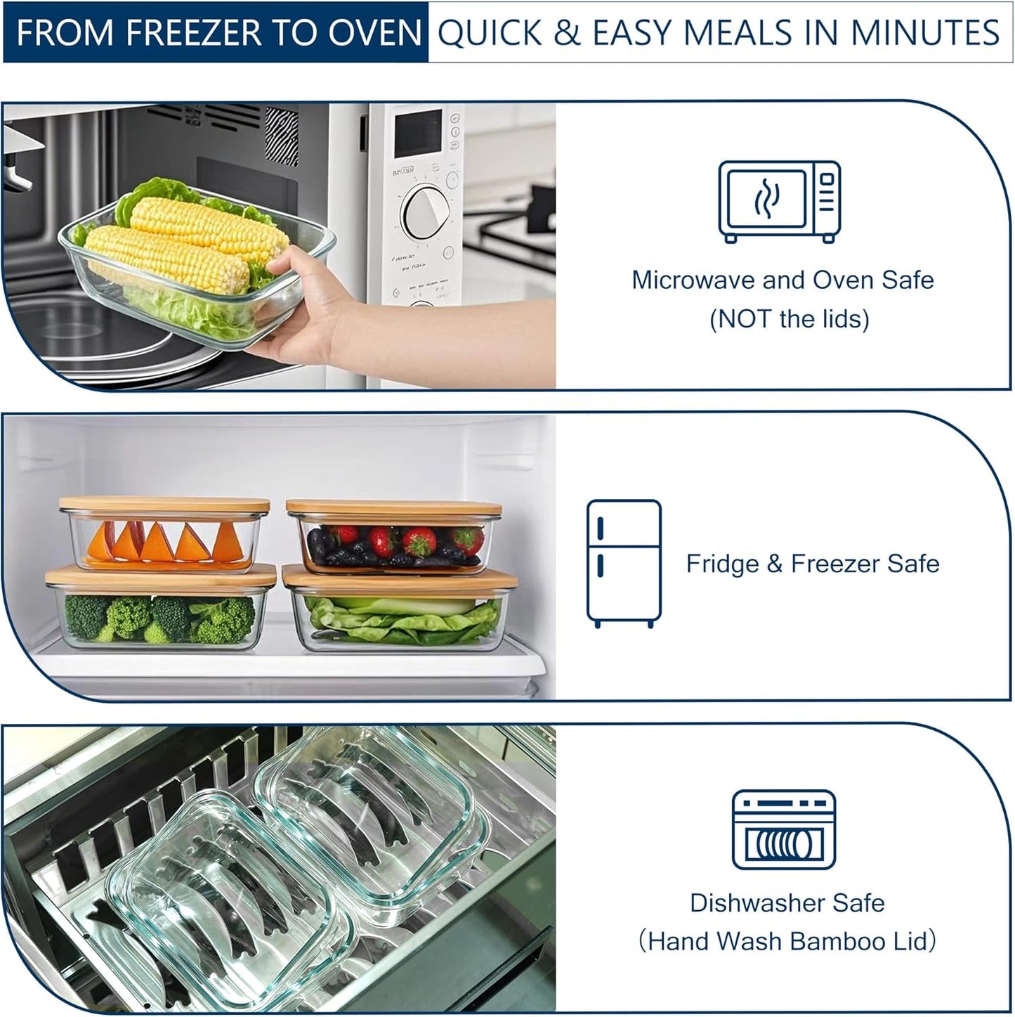 Set of four glass food storage containers with bamboo lids in various sizes, BPA-free borosilicate glass, oven, microwave, freezer safe