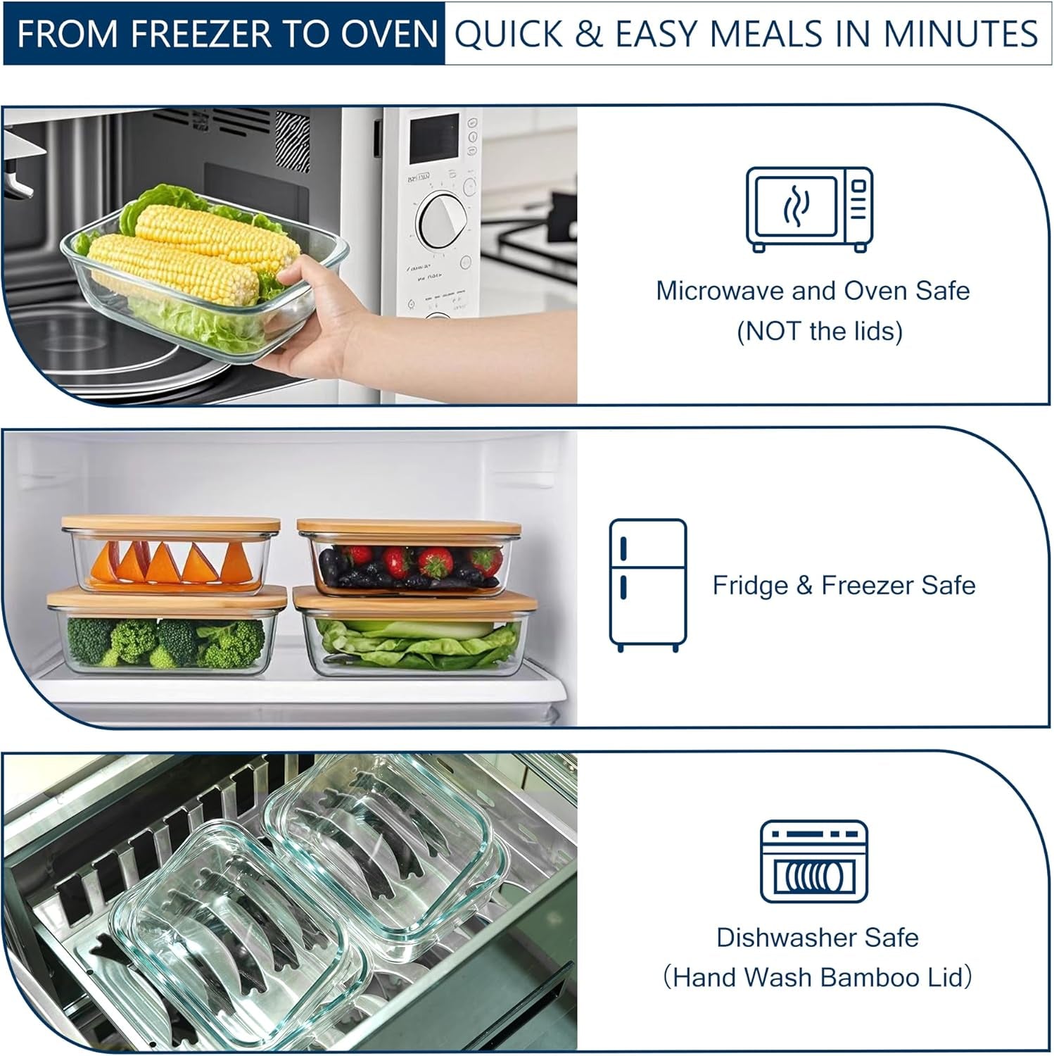 Set of four glass food storage containers with bamboo lids in various sizes, BPA-free borosilicate glass, oven, microwave, freezer safe
