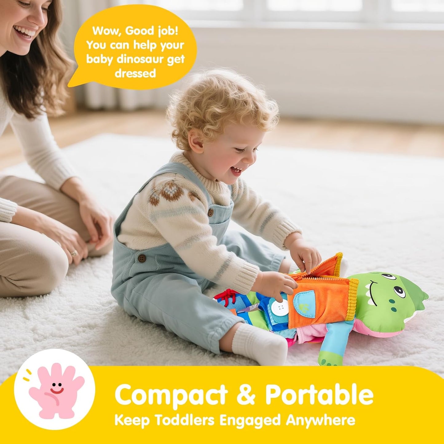 Reversible Montessori plush busy doll with unicorn and dinosaur designs, featuring buckles and snaps for toddler dressing practice.