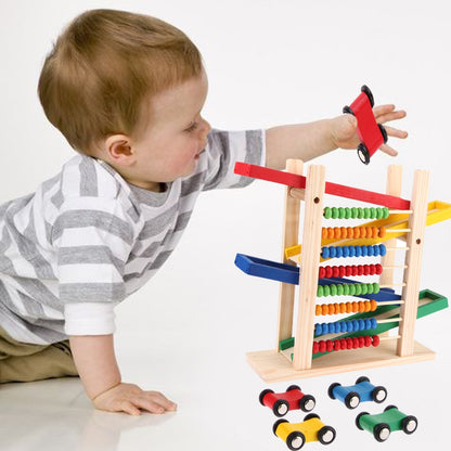 Baby Montessori Educational Wooden Toy Abacus Slippery Car Toys Creative Colorful with 4 Toy Cars Early Learning Teaching Toy