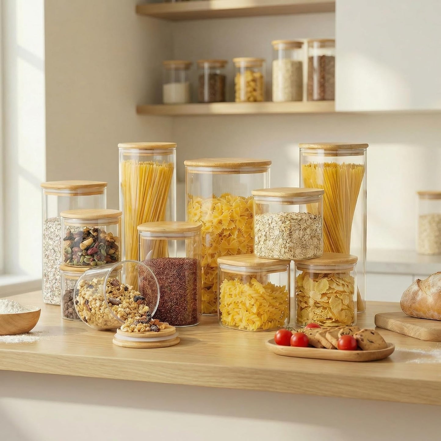 Set of four square glass jars with bamboo lids, 53 oz, for storing pasta, cereal, coffee, flour, and sugar in kitchen and pantry.