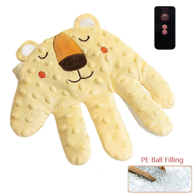 Soft baby sleep aid pillow with calming palm-shaped design, ideal for soothing infants and toddlers with remote control feature.