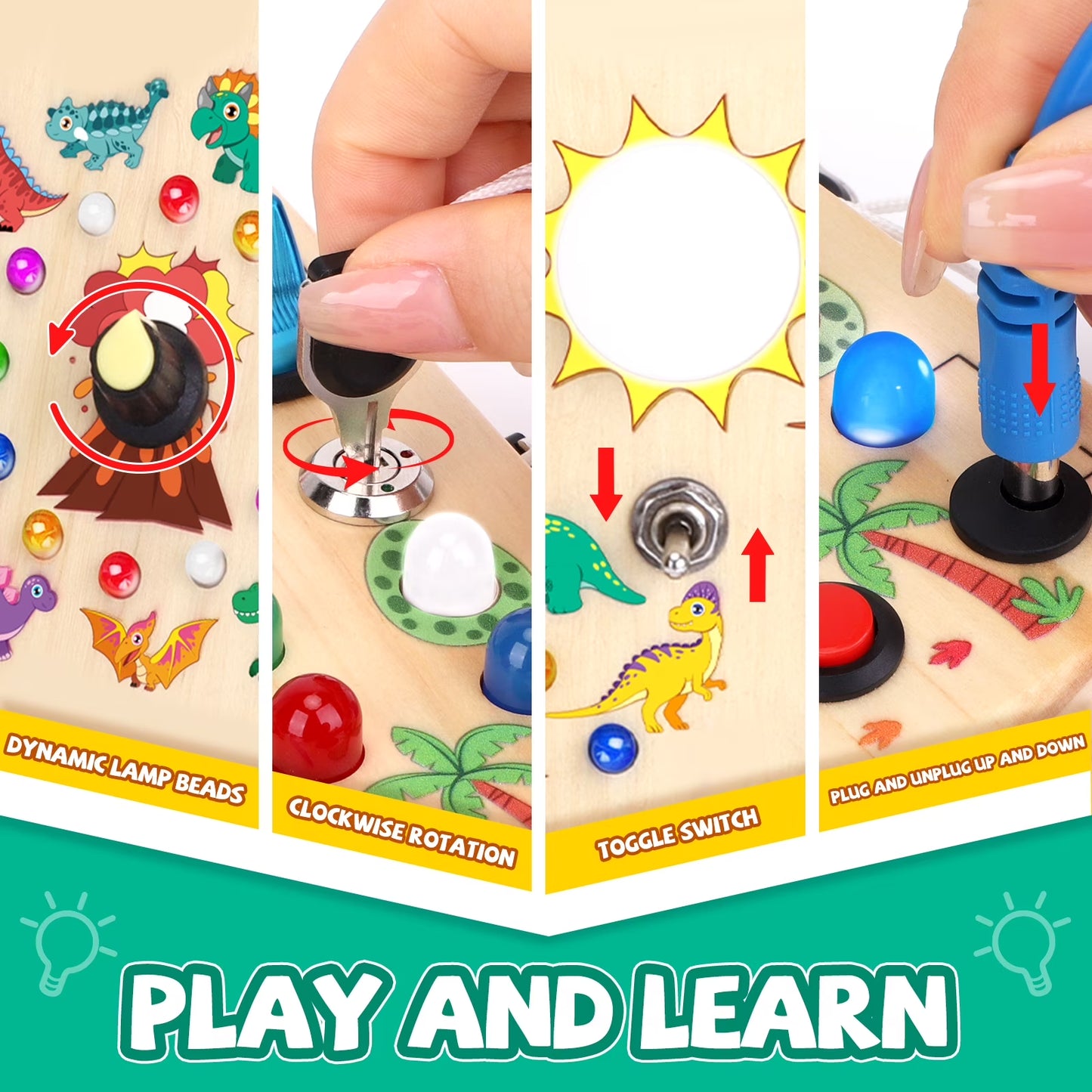 Wooden Dinosaur Busy Board Game by X With Love, Montessori toddler travel toy for 1+ year old children.