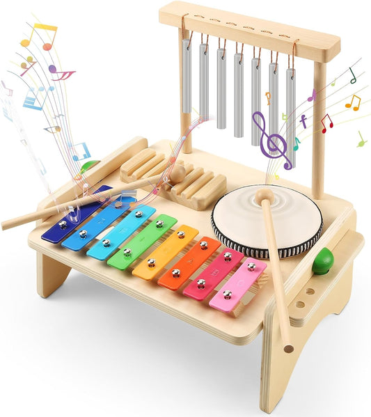 Kids drum set and wooden xylophone by X With Love, toddler musical instrument toys with baby drums and wind chime for preschoolers.