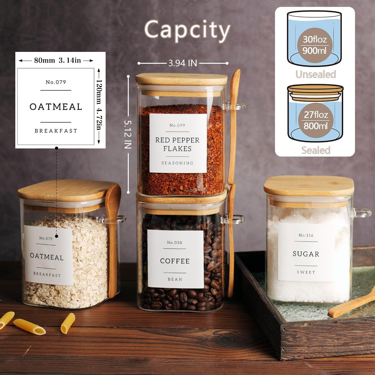 Set of 4 square glass jars with bamboo lids and spoons, featuring airtight seals and kitchen pantry labels for coffee, tea, and sugar storage.