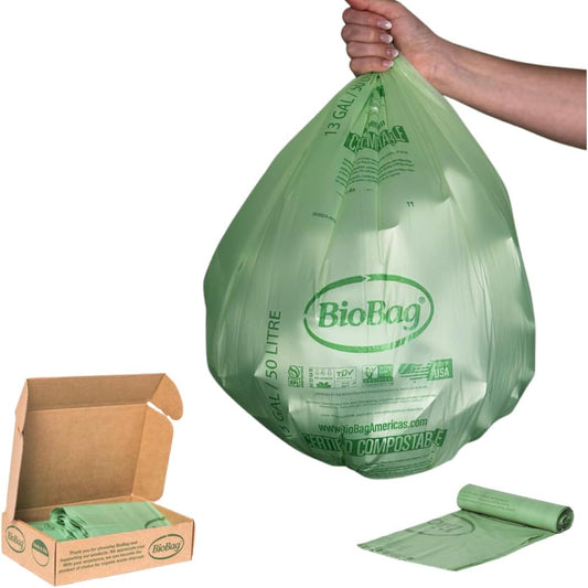 Set of 48 tall kitchen compostable trash bags by X With Love, 13-gallon capacity, BPI certified, made in USA, food scrap bin liners.
