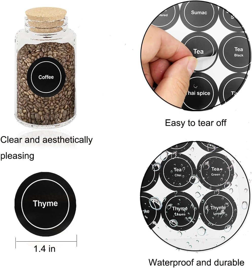 Set of 48 waterproof round spice labels with black text for kitchen jars, caps, and food containers by X With Love.
