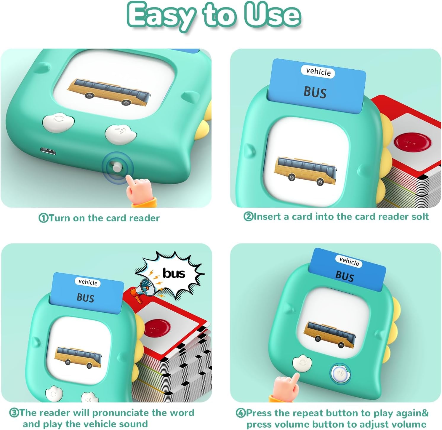 Kidzdo Talking Flashcards for toddlers, green educational toy with sight words, speech language development for ages 1-6, autism-friendly