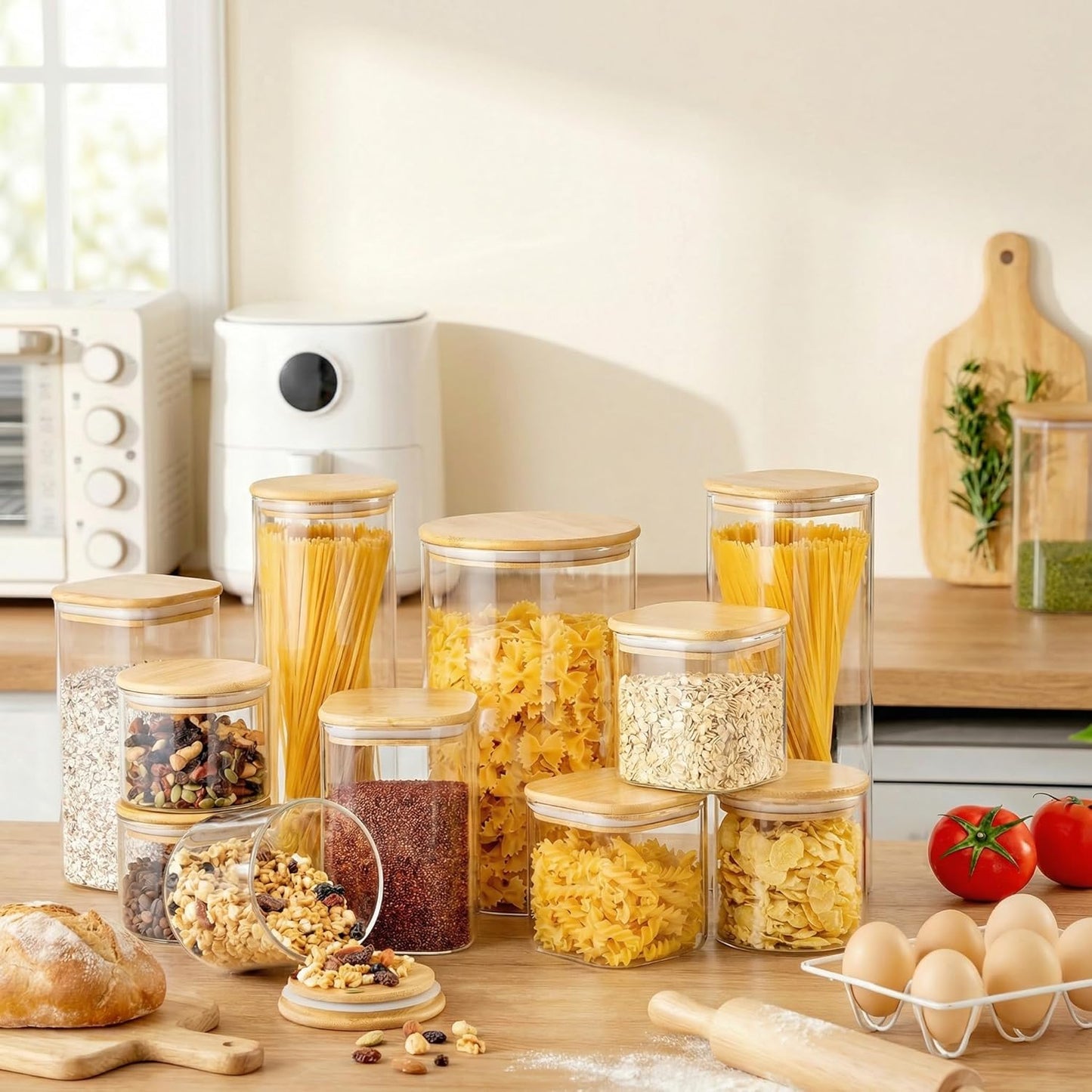 Set of five square glass jars with bamboo lids, airtight food storage containers for kitchen pantry, ideal for pasta, cereal, flour, sugar