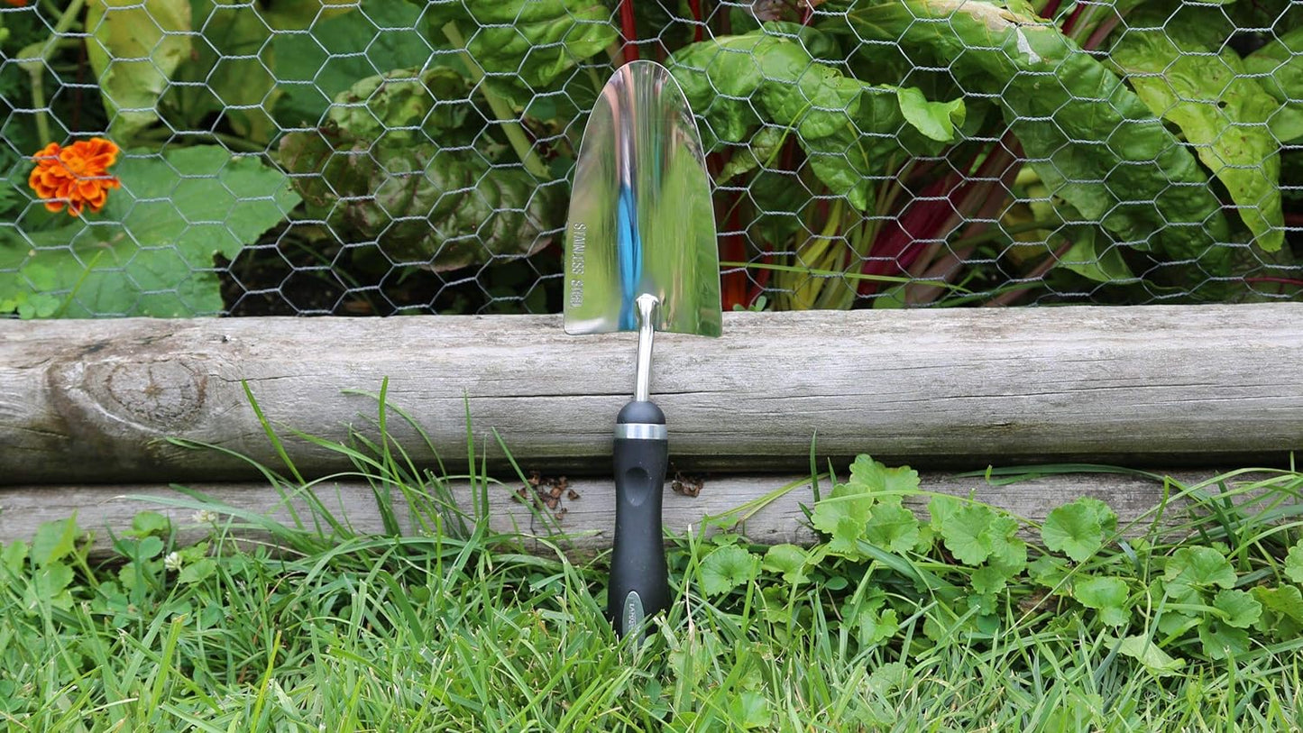 Heavy-duty stainless steel garden trowel with comfort grip, rust-resistant, ideal for rocky soils and quick gardening work.