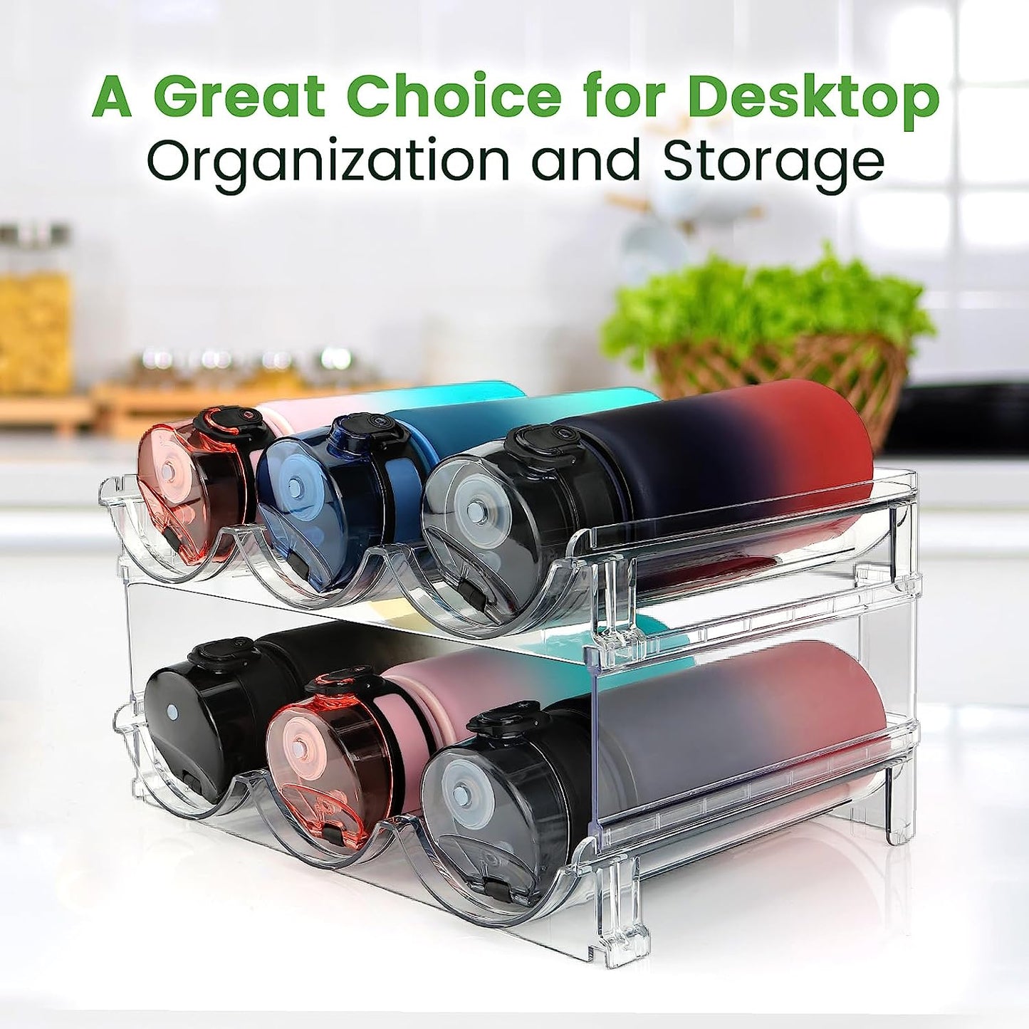 Stackable water bottle storage racks for cabinets, 2-pack organizer, black plastic water bottle holder for kitchen cabinets.