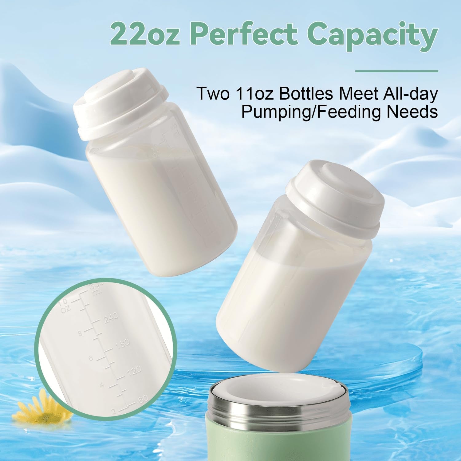 X With Love portable breast milk cooler bottle with 22oz capacity, showing the insulated design and two storage bottles for travel.