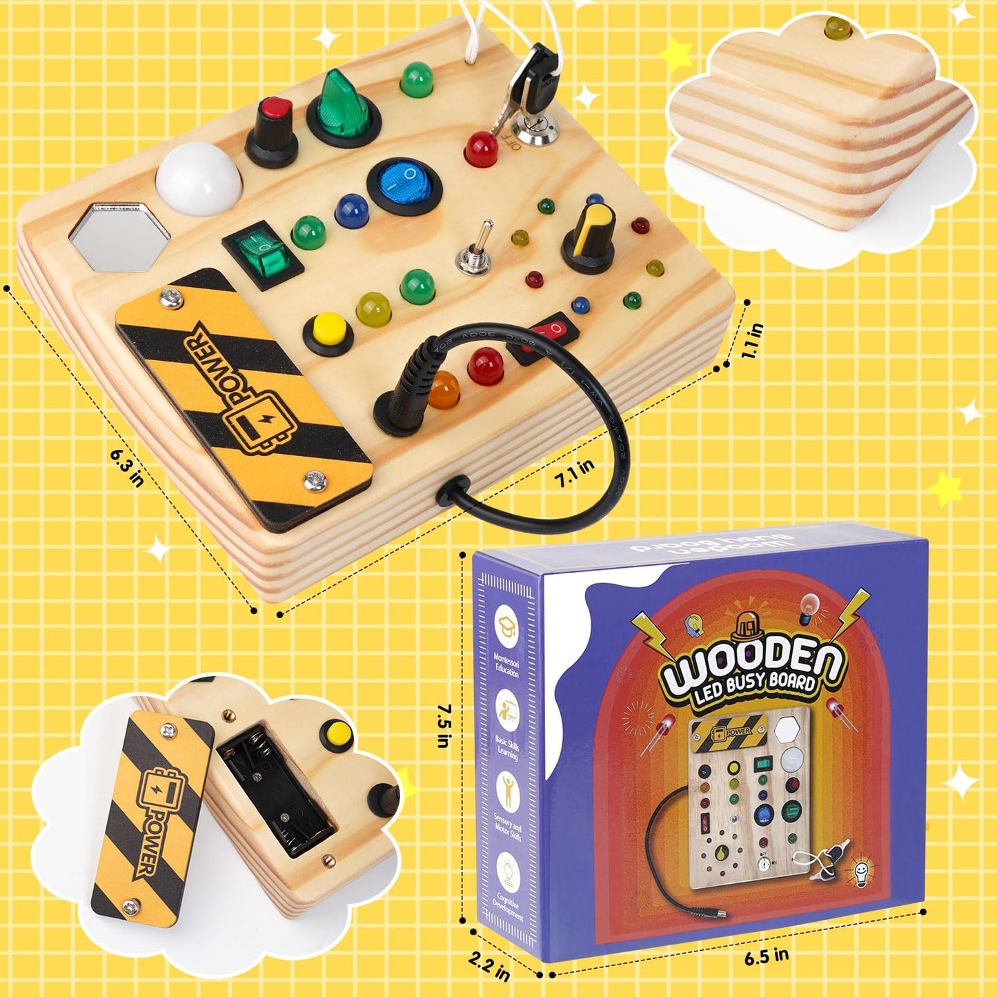 Wooden Montessori busy board toy with LED light switch for toddlers, educational sensory toy for 1-3 year old boys and girls.
