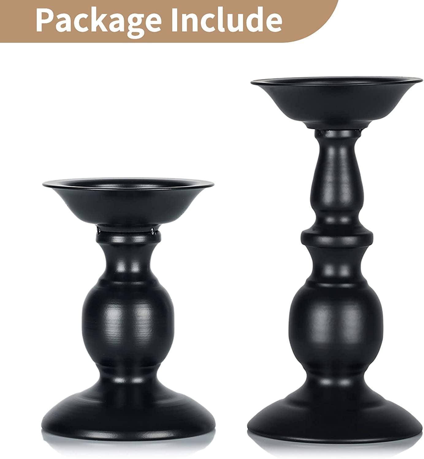 Set of two black metal candle holders for pillar candles, rustic tall design, perfect for Halloween, Easter, or farmhouse home decor.