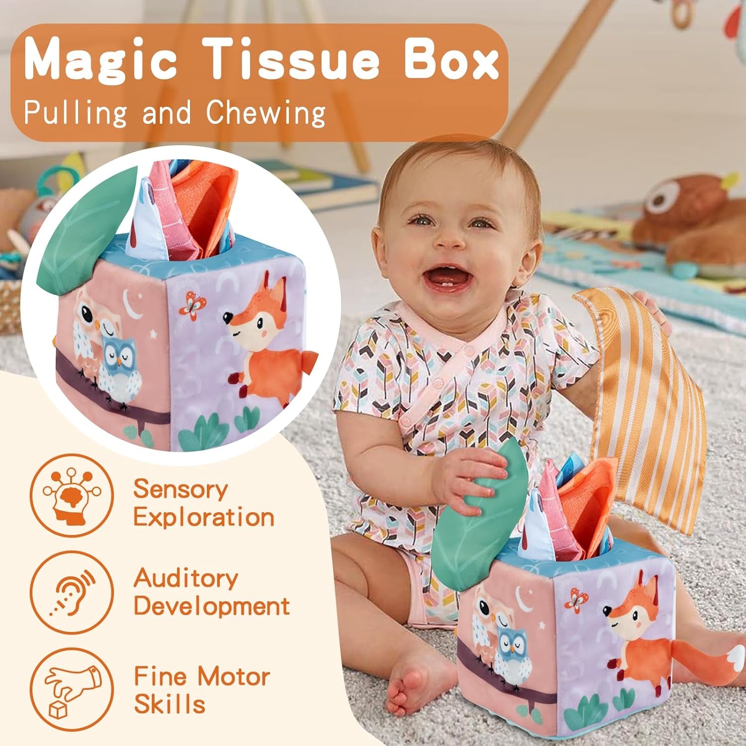 Montessori baby toys for 6-12 months, including spinning drum, tissue box, peekaboo puzzle, and learning toys from X With Love.