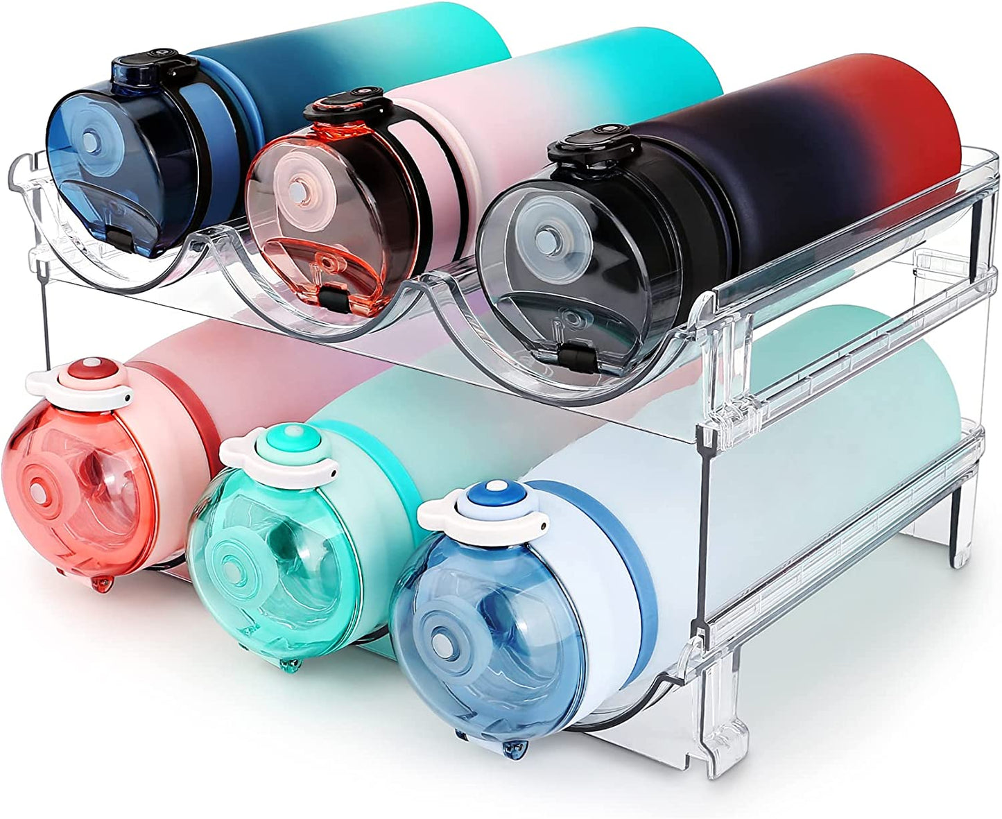 Stackable water bottle organizer racks for cabinets, ideal for storing and organizing water bottles efficiently in a kitchen or pantry.