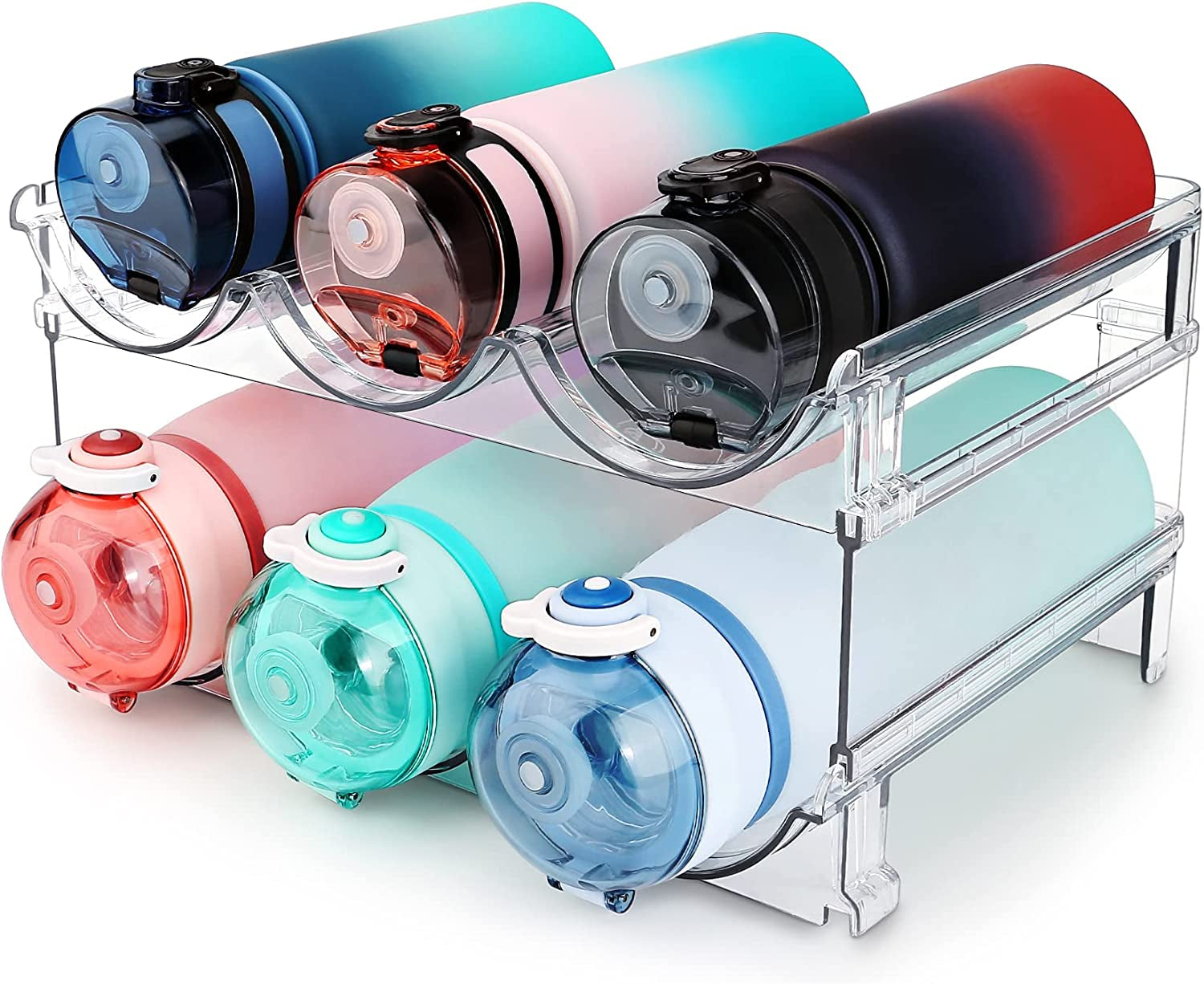 Stackable water bottle organizer racks for cabinets, ideal for storing and organizing water bottles efficiently in a kitchen or pantry.