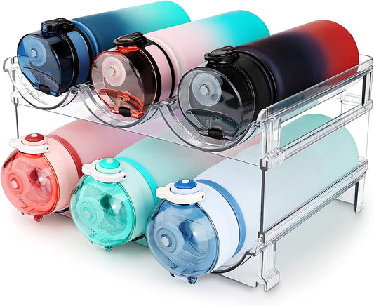 Stackable water bottle organizer racks for cabinets, ideal for storing and organizing water bottles efficiently in a kitchen or pantry.
